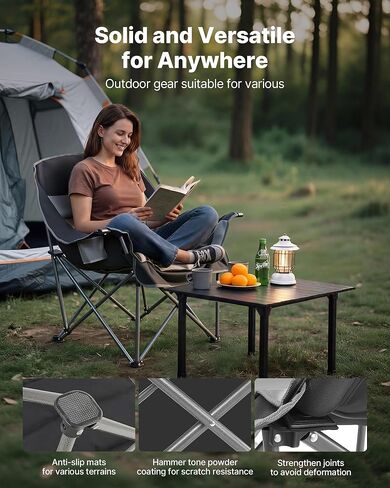 VEVOR Oversized Camping Chairs, 450 lbs Heavy Duty Support, Portable Padded Folding Camp Chairs with Dual Cup Holders & Wine Glass Holders, Carry Bag for Outdoor, Fishing, Black & Gray, 1 Pack in Saudi Arabia