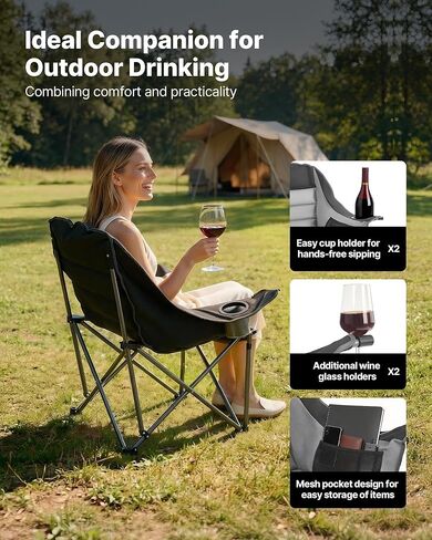 VEVOR Oversized Camping Chairs, 450 lbs Heavy Duty Support, Portable Padded Folding Camp Chairs with Dual Cup Holders & Wine Glass Holders, Carry Bag for Outdoor, Fishing, Black & Gray, 1 Pack in Saudi Arabia