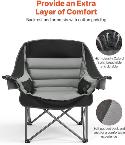 VEVOR Oversized Camping Chairs, 450 lbs Heavy Duty Support, Portable Padded Folding Camp Chairs with Dual Cup Holders & Wine Glass Holders, Carry Bag for Outdoor, Fishing, Black & Gray, 1 Pack in Saudi Arabia