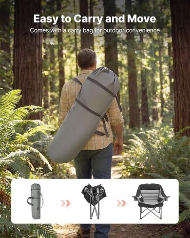 VEVOR Oversized Camping Chairs, 450 lbs Heavy Duty Support, Portable Padded Folding Camp Chairs with Dual Cup Holders & Wine Glass Holders, Carry Bag for Outdoor, Fishing, Black & Gray, 1 Pack in Saudi Arabia