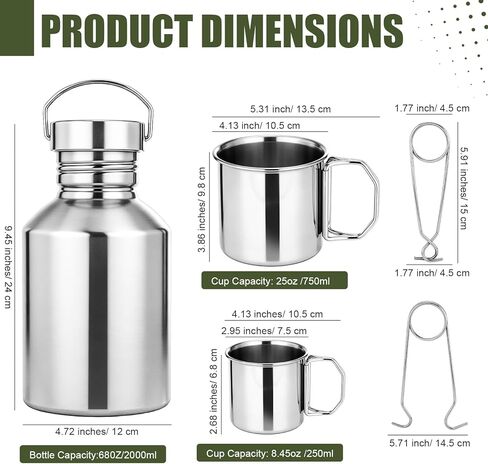 Didaey 68oz Canteen Large Stainless Steel Water Bottle with 2 Nested Camping Cups Leak Proof Reusable Thickened Metal Canteen Wide Mouth Water Boiler Survival Gear for Camping Hiking and Backpacking in Saudi Arabia
