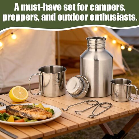 Didaey 68oz Canteen Large Stainless Steel Water Bottle with 2 Nested Camping Cups Leak Proof Reusable Thickened Metal Canteen Wide Mouth Water Boiler Survival Gear for Camping Hiking and Backpacking in Saudi Arabia