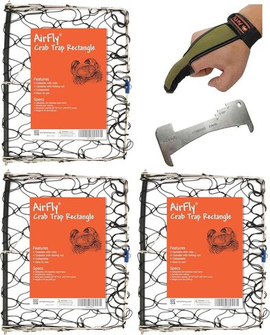 AirFly Foldable Castable Crab Trap - Crab Hawk & Crab Jaw Star Trap with Bait Clip - Portable Fishing Rod Crab Pot for Blue Crabs & Dungeness - Designed in USA (3 Trap + Ga/Gl Kit) in Saudi Arabia