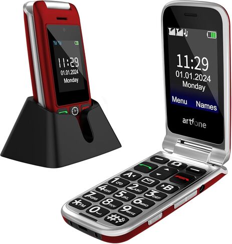 هاتف artfone G6 Flip لكبار السن، هاتف أساسي غير مقفل 4G، شاشة 2.4 بوصة + 1.8 بوصة، زر SOS، قرص سريع، بدون هانز، أزرار كبيرة، بلوتوث، كاميرا، راديو FM، قاعدة شحن، وقت صوتي، معرف المتصل، أحمر in Kuwait