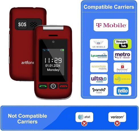هاتف artfone G6 Flip لكبار السن، هاتف أساسي غير مقفل 4G، شاشة 2.4 بوصة + 1.8 بوصة، زر SOS، قرص سريع، بدون هانز، أزرار كبيرة، بلوتوث، كاميرا، راديو FM، قاعدة شحن، وقت صوتي، معرف المتصل، أحمر in Kuwait
