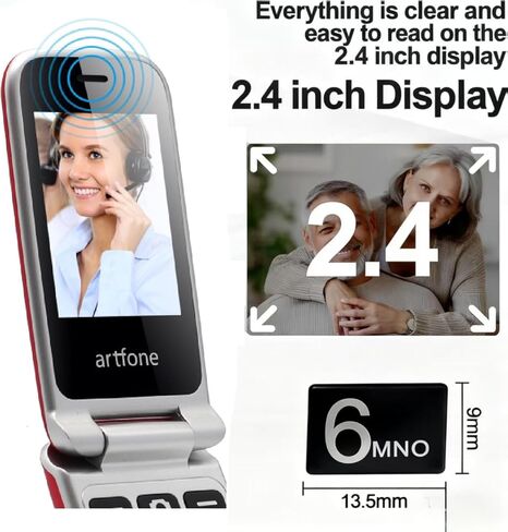 هاتف artfone G6 Flip لكبار السن، هاتف أساسي غير مقفل 4G، شاشة 2.4 بوصة + 1.8 بوصة، زر SOS، قرص سريع، بدون هانز، أزرار كبيرة، بلوتوث، كاميرا، راديو FM، قاعدة شحن، وقت صوتي، معرف المتصل، أحمر in Kuwait