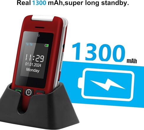 هاتف artfone G6 Flip لكبار السن، هاتف أساسي غير مقفل 4G، شاشة 2.4 بوصة + 1.8 بوصة، زر SOS، قرص سريع، بدون هانز، أزرار كبيرة، بلوتوث، كاميرا، راديو FM، قاعدة شحن، وقت صوتي، معرف المتصل، أحمر in Kuwait