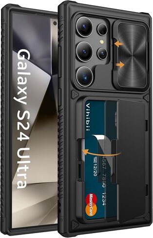 حافظة Vihibii لهاتف Samsung Galaxy S24 Ultra مع حامل بطاقات (4 بطاقات)، واقي شاشة للخصوصية مدمج 2X وغطاء كاميرا منزلق ومسند، حافظة هاتف متينة ومقاومة للصدمات لهاتف S24 Ultra، أسود in Kuwait