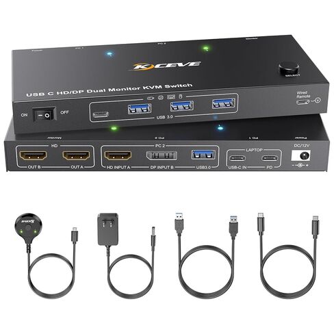 KCEVE KVM Switch 2 Monitors for 1 Laptop 1 Desktop, USB 3.0 KVM Switch 2 Monitor 2 Computer USB C Displayport HDMI, MST,4K@60Hz,PD 100W, Power Adapter, Wired Remote(4K USB C DP HDMI 2 in 2 Out KVM) in Saudi Arabia
