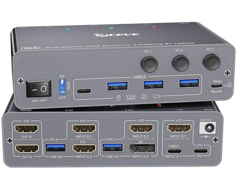محطة إرساء KCEVE 15 في 1 KVM USB C، محول USB 3.0 KVM 2 شاشات 2 كمبيوتر محمول HDMI 4K@60 هرتز، 80 وات PD، 5 جيجابت في الثانية، MST، جيجابت إيثرنت، بطاقة SD/TF، ​​جهاز تحكم عن بعد سلكي (4K USB C HDMI 2 في 2 خارج KVM) in Saudi Arabia