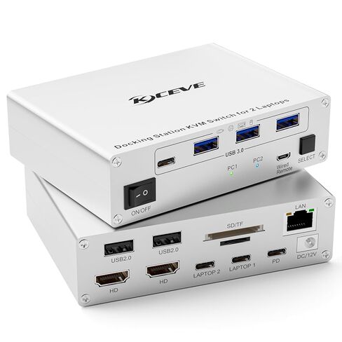 KCEVE KVM Switch 2 شاشات 3 أجهزة كمبيوتر USB C HDMI DP، EDID، USB 3.0 KVM Switch شاشة مزدوجة HDMI لأجهزة الكمبيوتر المحمول 1 2 سطح المكتب، 73 وات PD، 4K@60 هرتز، ألومنيوم، جهاز تحكم عن بعد سلكي (4K USB C HD DP 3 في 2 خارج KVM) in Kuwait