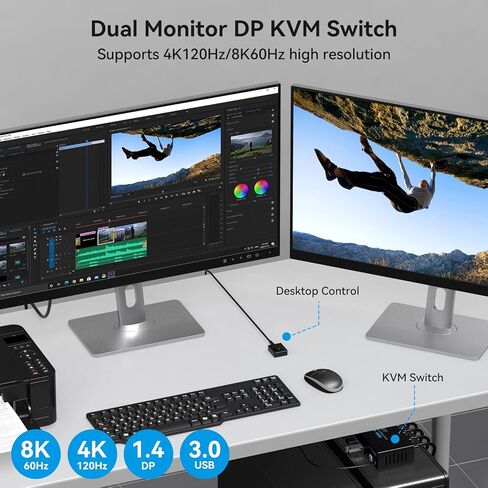 8K @ 60 هرتز Displayport KVM Switch 2 شاشات 2 جهاز كمبيوتر منفذ عرض 4K @ 120 هرتز USB3.0 مفاتيح KVM للشاشة المزدوجة لشاشتين مشاركة جهاز كمبيوتر ومجموعة واحدة من طابعة لوحة المفاتيح والماوس وقرص U مع كابلين USB in Kuwait