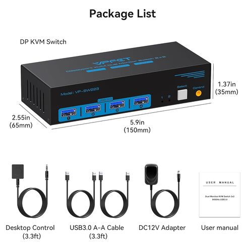 8K @ 60 هرتز Displayport KVM Switch 2 شاشات 2 جهاز كمبيوتر منفذ عرض 4K @ 120 هرتز USB3.0 مفاتيح KVM للشاشة المزدوجة لشاشتين مشاركة جهاز كمبيوتر ومجموعة واحدة من طابعة لوحة المفاتيح والماوس وقرص U مع كابلين USB in Kuwait