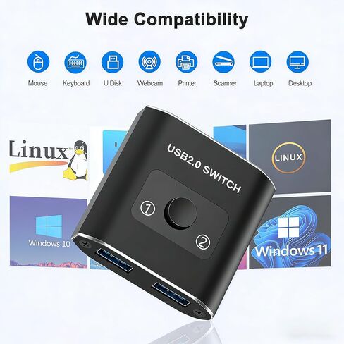 محول USB2.0 مع 2 كابل Usb2.0 (1 متر)، ثنائي الاتجاه 1 في 2 مخرج/2 في 1 مخرج، مجموعة محول USB من الألومنيوم لجهازي مشاركة أجهزة الكمبيوتر (الطابعة، لوحة المفاتيح، الماسح الضوئي، الماوس)، متوافق مع Mac/Win/Linux in Saudi Arabia