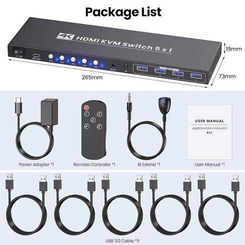 4K@60Hz HDMI KVM Switch 1 Monitor 5 Computers, USB 3.0 5 Port KVM Switch for Controlling 5 Computers with 1 Set of Keyboard, Mouse and 1 Monitor in Saudi Arabia