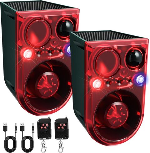Qualirey 2 Pack Solar Outdoor Motion Sensor Alarm Ultrasonic Animal Deterrent Alarm 13 Sound 130 dB Loud Noise Maker with USB Remote Control 4 Mode Repels for Garden Yard Farm Home Security(Red) in Saudi Arabia