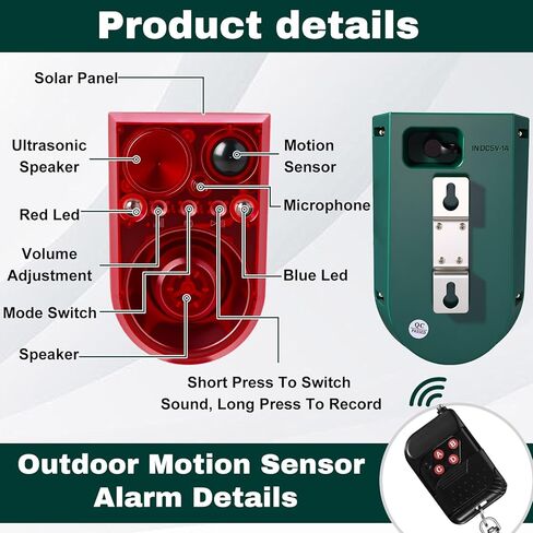Qualirey 2 Pack Solar Outdoor Motion Sensor Alarm Ultrasonic Animal Deterrent Alarm 13 Sound 130 dB Loud Noise Maker with USB Remote Control 4 Mode Repels for Garden Yard Farm Home Security(Red) in Saudi Arabia