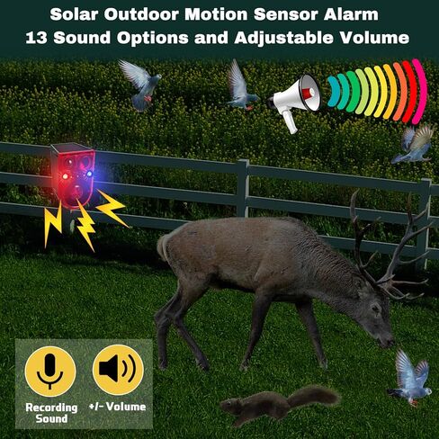 Qualirey 2 Pack Solar Outdoor Motion Sensor Alarm Ultrasonic Animal Deterrent Alarm 13 Sound 130 dB Loud Noise Maker with USB Remote Control 4 Mode Repels for Garden Yard Farm Home Security(Red) in Saudi Arabia