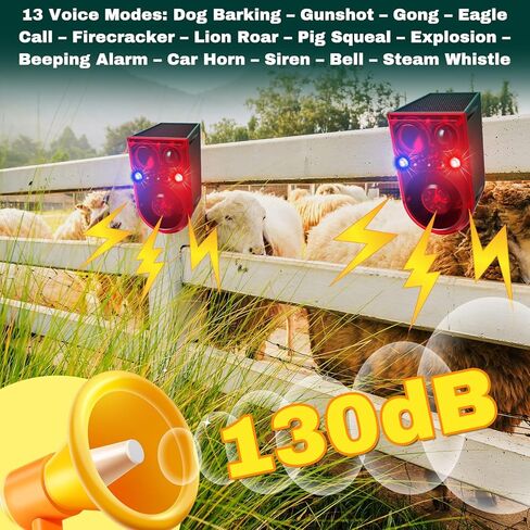 Qualirey 2 Pack Solar Outdoor Motion Sensor Alarm Ultrasonic Animal Deterrent Alarm 13 Sound 130 dB Loud Noise Maker with USB Remote Control 4 Mode Repels for Garden Yard Farm Home Security(Red) in Saudi Arabia