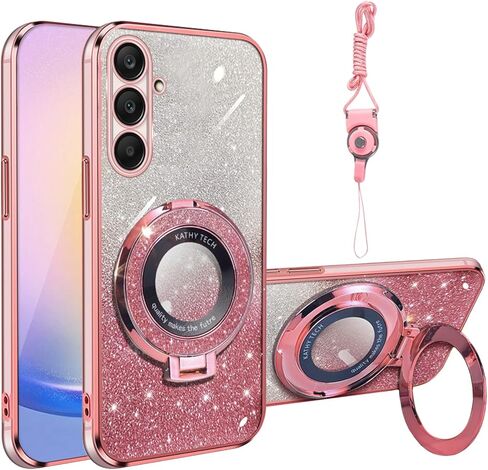 جراب هاتف Samsung Galaxy A25 5g مصنوع من مادة TPU كريستال فراشة قلب زهري للنساء مغناطيسي مقاوم للصدمات مع مسند حلقي [بطاقة لامعة وحزام معصم] غطاء حماية لهاتف Samsung A25 (وردي لامع) in Saudi Arabia