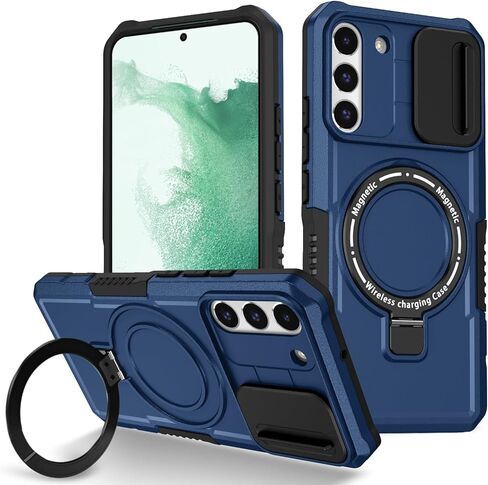Phone Case for Samsung S22 Plus with Ring Stand Magnetic Black fits Wireless Charger, Camera Lens Protector Cover for Samsung Galaxy S22 Plus Case Shockproof Anti-Slip (Blue) in Saudi Arabia