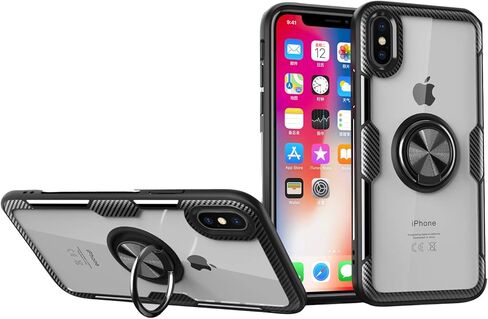 حافظة SORAKA شفافة لهاتف iPhone X/iPhone Xs مع حامل حلقي، حافظة نحيفة وغطاء صلب شفاف من البولي كربونات لهاتف iPhone X مع لوحة معدنية لحامل هاتف السيارة المغناطيسي in Kuwait