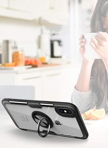حافظة SORAKA شفافة لهاتف iPhone X/iPhone Xs مع حامل حلقي، حافظة نحيفة وغطاء صلب شفاف من البولي كربونات لهاتف iPhone X مع لوحة معدنية لحامل هاتف السيارة المغناطيسي in Kuwait
