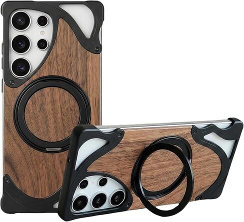 Walnut Wood Aluminum Bumper Case for for Samsung Galaxy S26 Ultra, Magnetic Ring for Charging Mounts 360 Degree Rotating Stand Slim Frameless Edge Shockproof Corner Cushion Camera Guard, Black in Saudi Arabia
