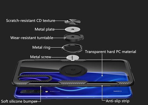 حافظة SORAKA شفافة لهاتف Xiaomi Mi 9 Lite مع حامل حلقي، حافظة نحيفة وغطاء صلب شفاف من البولي كربونات لهاتف Xiaomi Mi 9 Lite مع لوحة معدنية لحامل هاتف السيارة المغناطيسي in Kuwait