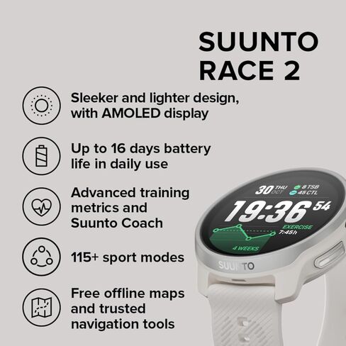 SUUNTO Race 2 GPS Sports Watch, 1.5" AMOLED Touchscreen w/Crown, Feather Gray & SUUNTO 22 ATH8 Silicone Strap Orange S+M in Saudi Arabia