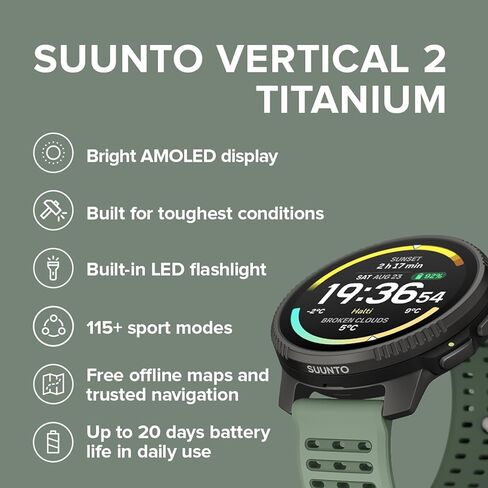 SUUNTO Vertical 2 GPS Sport Watch with 1.5" AMOLED Touchscreen, Titanium Sage & SUUNTO 22 ATH8 Silicone Strap Orange S+M in Saudi Arabia