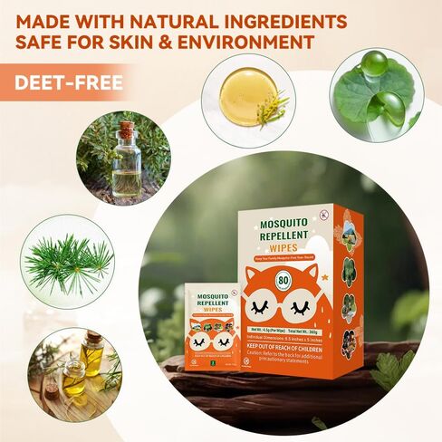 80 PCS Mosquito Repellent Wipes, Individually Wrapped Insect Repellent Wipes Made of Natural Plant-Based Essential Oils, Safe & Effective Insect Protection Perfect for Outdoor Activities, Long-Lasting in Saudi Arabia