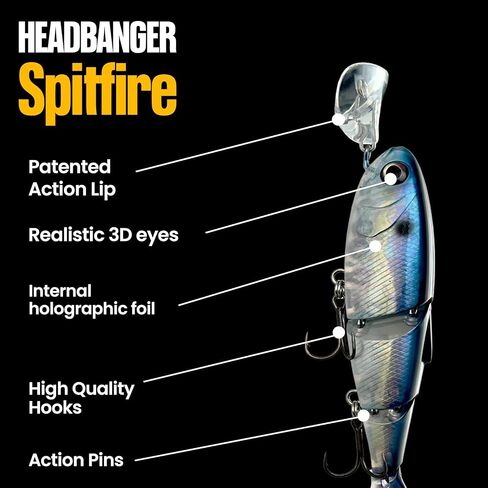 Headbanger Spitfire Topwater Fishing Lure (4-1/2" & 6-1/2") – Hybrid Wakebait & Propbait for Bass, Pike & Musky – Hard Body Swimbait with Action Lip & VMC Hooks in Kuwait