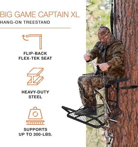 BIG GAME Captain XC Steel Hang-On Treestand مع 14 × 8 بوصة. مقعد خلفي قابل للطي مزود بعصي التسلق السريعة، معدات الصيد لحوامل الغزلان in Kuwait