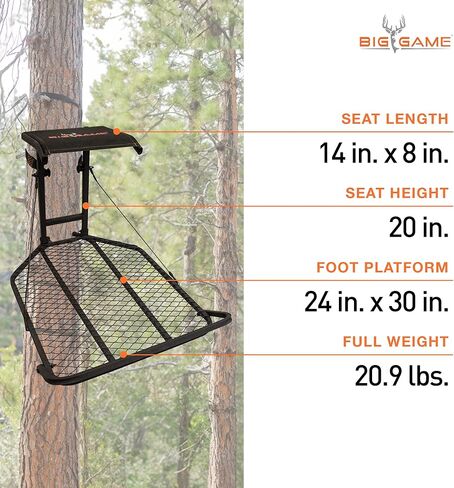 BIG GAME Captain XC Steel Hang-On Treestand مع 14 × 8 بوصة. مقعد خلفي قابل للطي مزود بعصي التسلق السريعة، معدات الصيد لحوامل الغزلان in Kuwait
