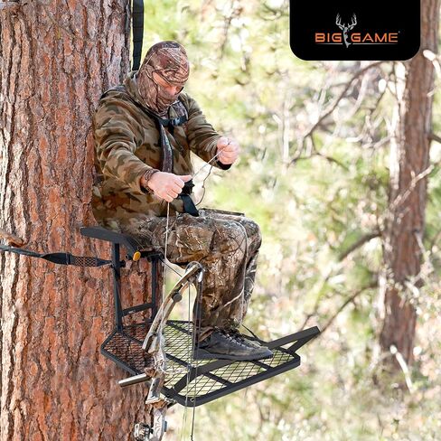 BIG GAME Captain XC Steel Hang-On Treestand مع 14 × 8 بوصة. مقعد خلفي قابل للطي مزود بعصي التسلق السريعة، معدات الصيد لحوامل الغزلان in Kuwait