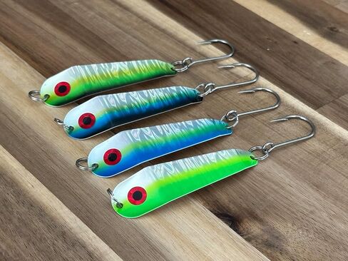 Loony Spoons - Premium Fishing Lures - Set of 4 - Salmon, Lake Trout - Walleye (Herring Aid, Green Hornet, Blue Dorado and Lemon Lime) in Saudi Arabia