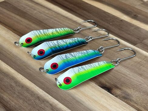 Loony Spoons - Premium Fishing Lures - Set of 4 - Salmon, Lake Trout - Walleye (Herring Aid, Green Hornet, Blue Dorado and Lemon Lime) in Saudi Arabia