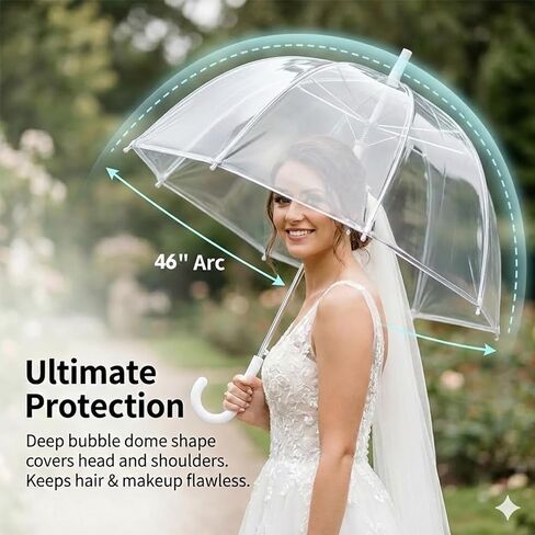 46 Inch Clear Dome Umbrella (2 Pcs), Windproof Bubble Umbrellas with Fiberglass Ribs for Wedding, Transparent Rain Umbrella with Matching Cards for Bridal Party in Saudi Arabia