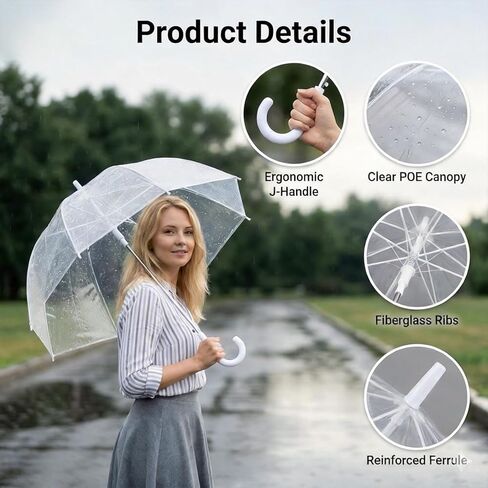 46 Inch Clear Dome Umbrella (2 Pcs), Windproof Bubble Umbrellas with Fiberglass Ribs for Wedding, Transparent Rain Umbrella with Matching Cards for Bridal Party in Saudi Arabia
