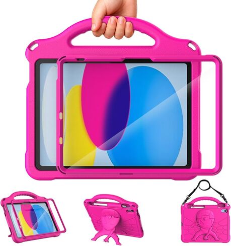 حافظة DJ&RPPQ للأطفال لجهاز iPad A16 الجيل الحادي عشر 2025/iPad الجيل العاشر 2022 مع واقي شاشة، غطاء حامل بمقبض مقاوم للصدمات مع حامل أقلام iPad الجيل 11/10th للأطفال، أحمر in Kuwait