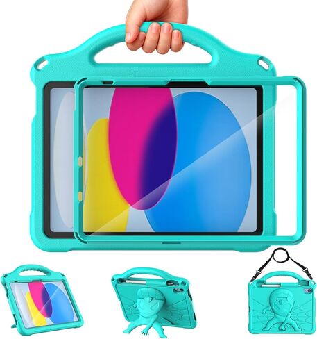 حافظة DJ&RPPQ للأطفال لجهاز iPad A16 الجيل الحادي عشر 2025/iPad الجيل العاشر 2022 مع واقي شاشة، غطاء حامل بمقبض مقاوم للصدمات مع حامل أقلام iPad الجيل 11/10th للأطفال، أحمر in Kuwait