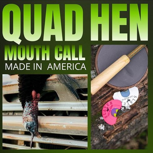 Quad Hen Turkey Call - 4 Reed Diaphragm Produces Multiple Hen Sounds | Unmatched Rasp & Realism for Yelps, Cutts & Clucks | Easy to Use Mouth Call | Made in the USA in Saudi Arabia