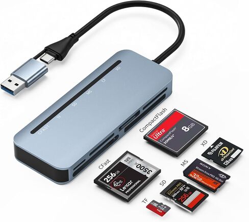 قارئ بطاقات CFast - محول بطاقات USB 3.0 بسرعة 5 جيجابت في الثانية 6 في 1 CFast/CF/SD/TF/MS/XD، قراءة متزامنة 6 بطاقات، محول بطاقة الألومنيوم CFast 2.0/Memory Stick Pro Duo لهاتف iPhone 15/16/17، Android، MacBook، الكمبيوتر الشخصي in Kuwait