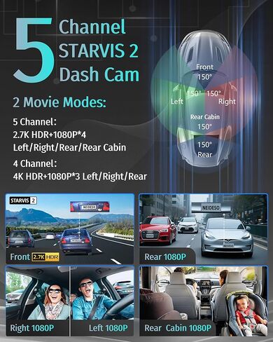 كاميرا Neideso 5 Channel 360° Dash Cam أمامية وخلفية، 2.7K + 4*1080P، مستشعر STARVIS 2، تنبيه تعب السائق AI، كاميرا عدادات السيارة WiFi GPS بسرعة 5 جيجاهرتز، رؤية ليلية HDR، بطاقة 128 جيجابايت مجانية، وضع ركن السيارة 24 ساعة، N900Ultra in Kuwait