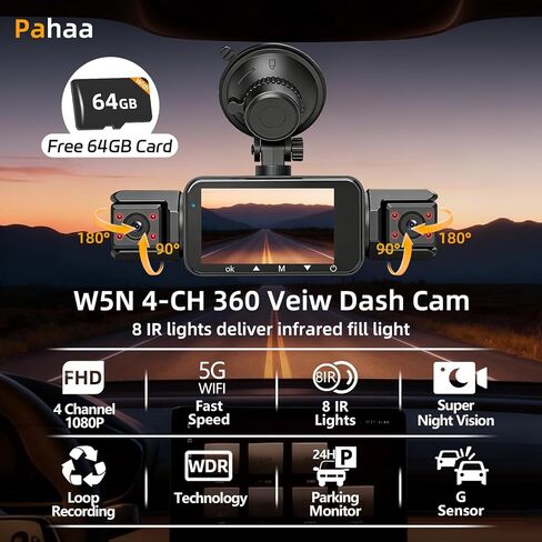 4 Channel Dash Cam Front and Rear Cabin, 360 Dash Camera, Night Vision 8 IR Lamps for Cars, 5G WiFi for Download, G-Sensor, 24H/7 Parking Mode with 64GB Card, Support 256 GB Max in Saudi Arabia