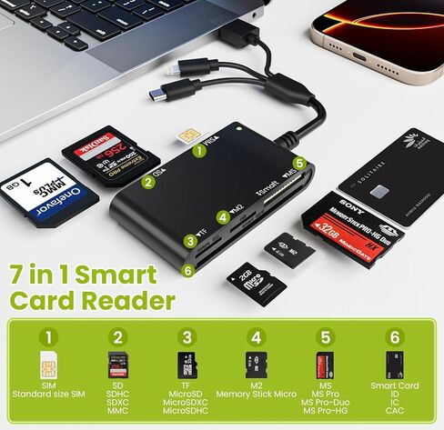 SIM Card Reader for iPhone/PC, 7 in 3 Lightning/USB-A/USB-C CAC Reader Military Smart Card Reader & SD/TF/M2/ID/IC/SIM/PIV/Ms Pro Duo Card Reader for iPhone/iPad/PC/Laptop/Windows/Linux Plug and Play in Saudi Arabia