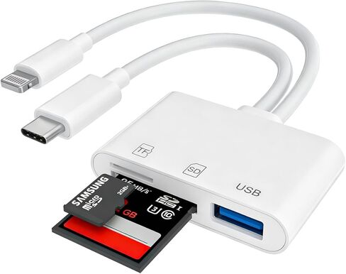 قارئ بطاقة SD لجهاز iPhone iPad مع USB C & Lightning، فتحة بطاقة مزدوجة USB 3.0 قارئ بطاقة الذاكرة يدعم بطاقة SD/TF عارض الكاميرا محول بطاقة SD المحمولة قارئ بطاقة Micro SD بدون توصيل التطبيق وتشغيله in Kuwait