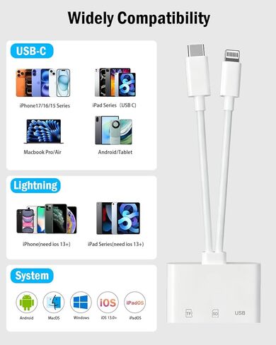 قارئ بطاقة SD لجهاز iPhone iPad مع USB C & Lightning، فتحة بطاقة مزدوجة USB 3.0 قارئ بطاقة الذاكرة يدعم بطاقة SD/TF عارض الكاميرا محول بطاقة SD المحمولة قارئ بطاقة Micro SD بدون توصيل التطبيق وتشغيله in Kuwait