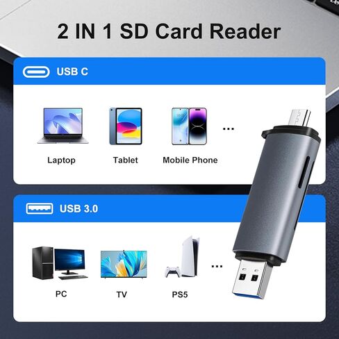 قارئ بطاقة SD USB C، USB 3.0 قارئ بطاقة Micro SD 2 في 1 قارئ بطاقة ذاكرة لـ SD/Micro SD/SDHC/SDXC/MMC، متوافق مع iPhone 17/16/15، MacBook Pro/Air، iPad، PC، Android in Kuwait
